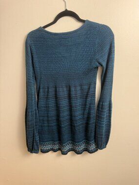 Decree Teal Striped Knit Sweater Size L – Balloon Sleeve Scalloped Hem